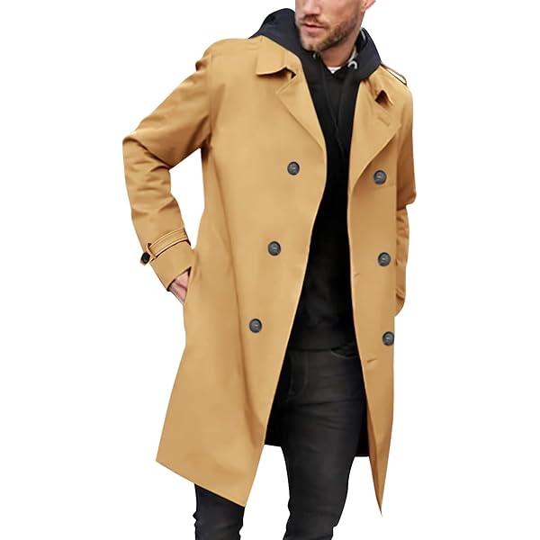Gsywaipei Men's Hooded Length Trench Coat Casual Windproof Outdoor